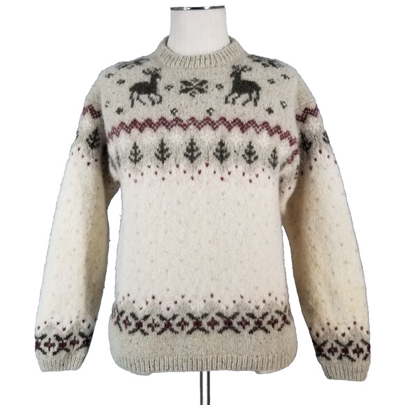 L L Bean sweater mens large White Gray Brown Wool Silk Crew Neck Winter FLAWED - Picture 1 of 15